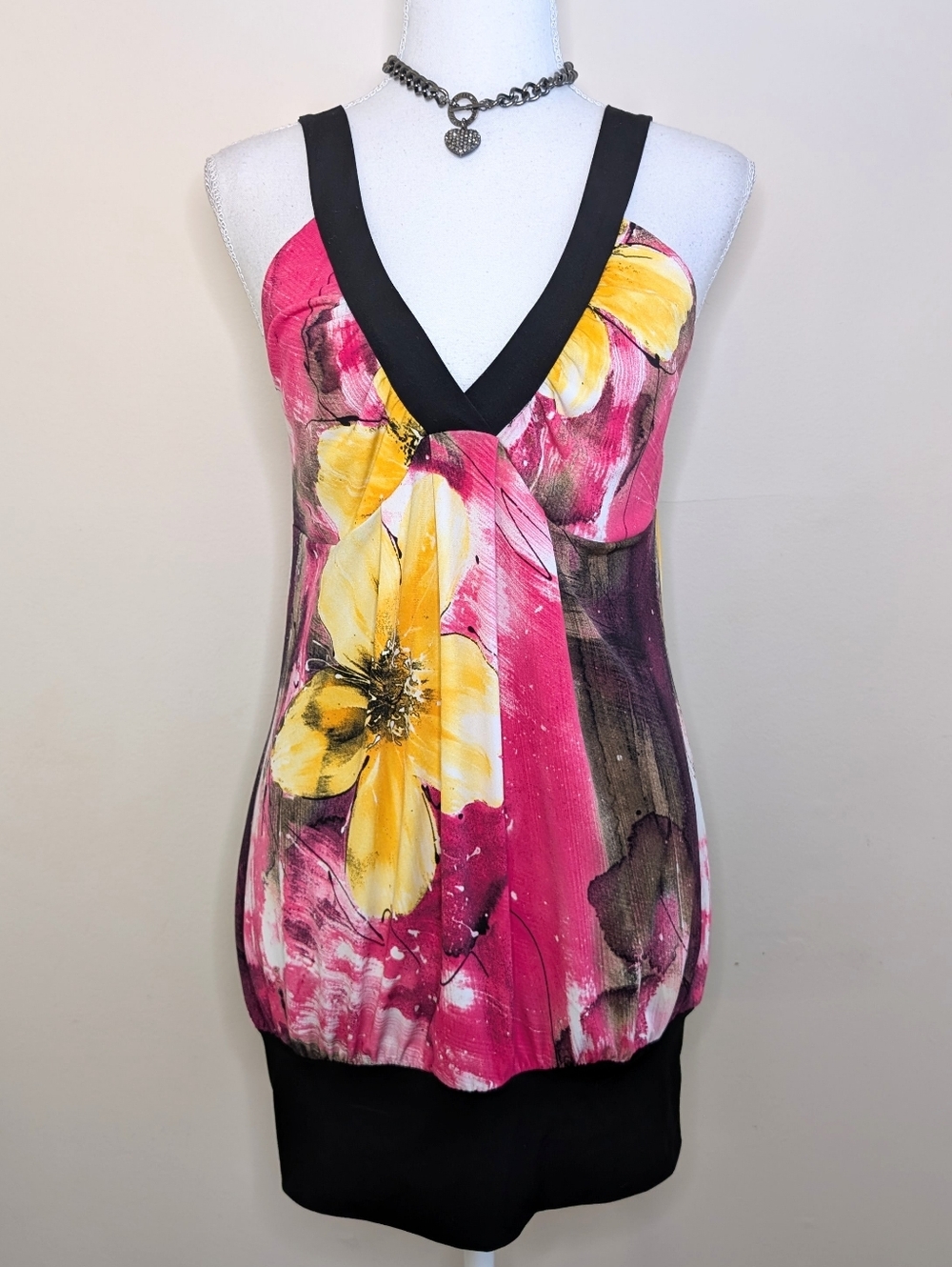 Suzy Shier Pink & Yellow Floral Mini Dress with Black Trim